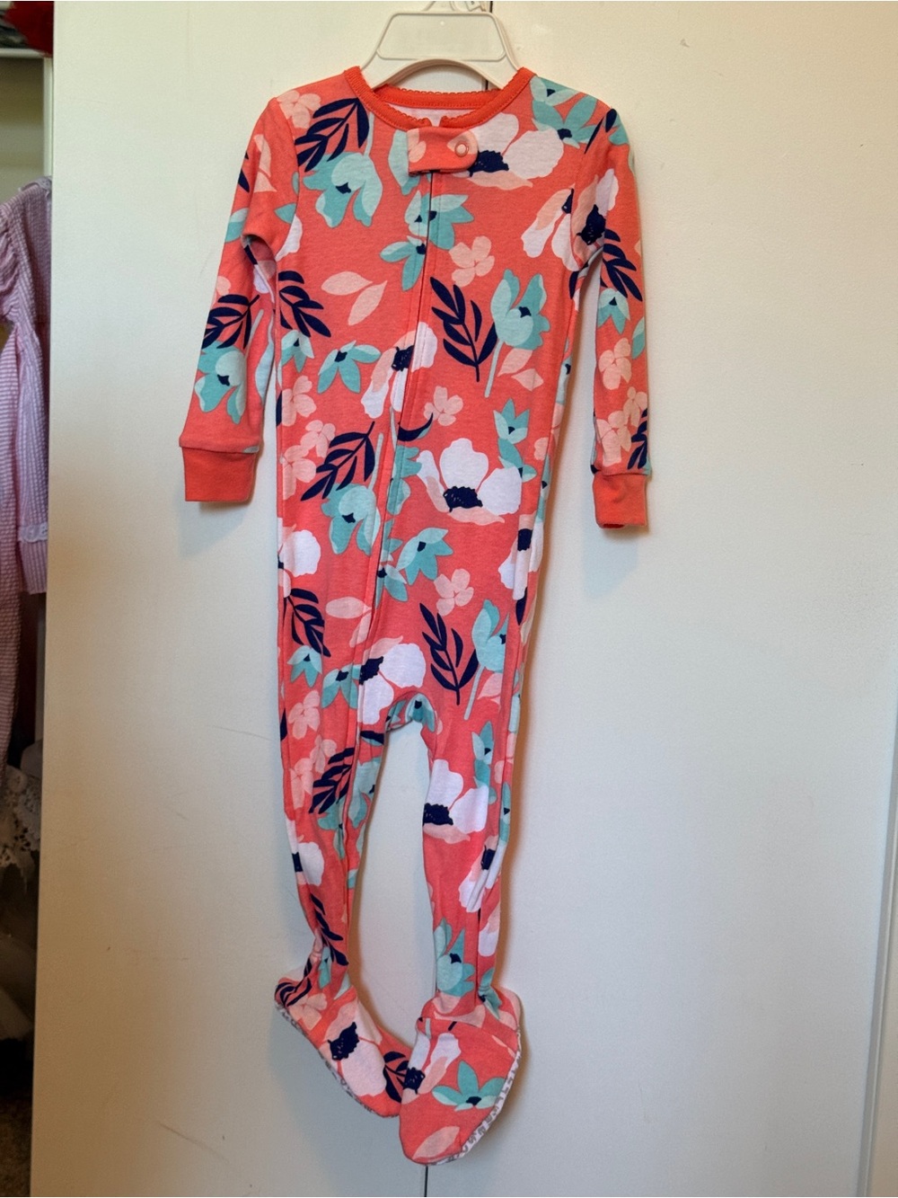 Coral Floral Kids One-Piece Footed Pajamas 12m NWOT